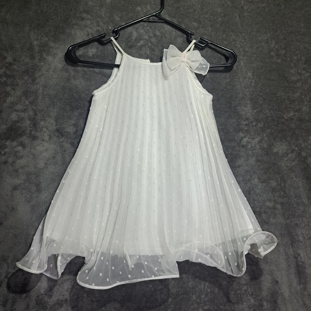Cherokee Girls White Swiss Dot Pleated Bow Dress 4T Coquette Cottagecore
